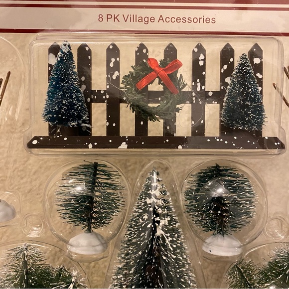 8pk Christmas Village Accessories (bottle brush trees, fence) - Picture 2 of 4